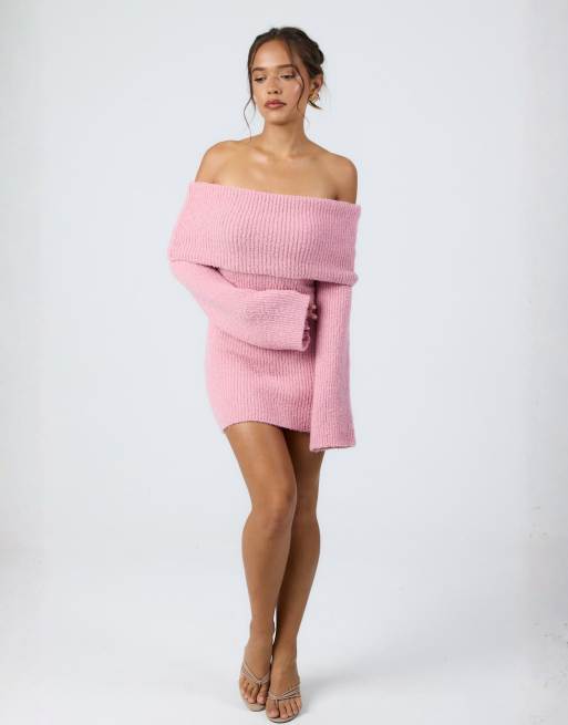 Aria Cove - Vestito maglia corto rosa con scollo alla Bardot, 3 di 4