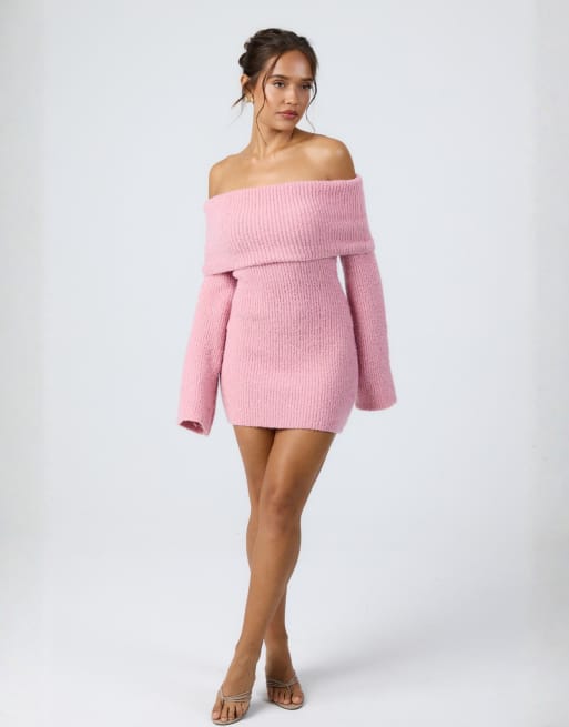 Aria Cove - Vestito maglia corto rosa con scollo alla Bardot, 4 di 4