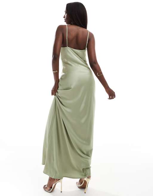 Aria Cove - Vestito sottoveste lungo in raso verde salvia, 2 di 5