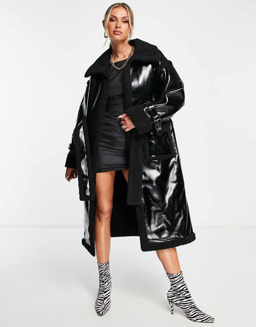 Aria Cove vinyl faux shearling full length coat with tie waist in black