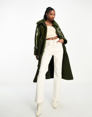 Aria Cove vinyl faux shearling maxi belted coat in khaki