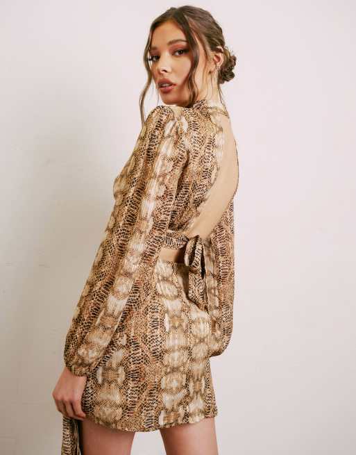 Aria Cove volume sleeve high neck crop top co ord in snake print, 2 of 4