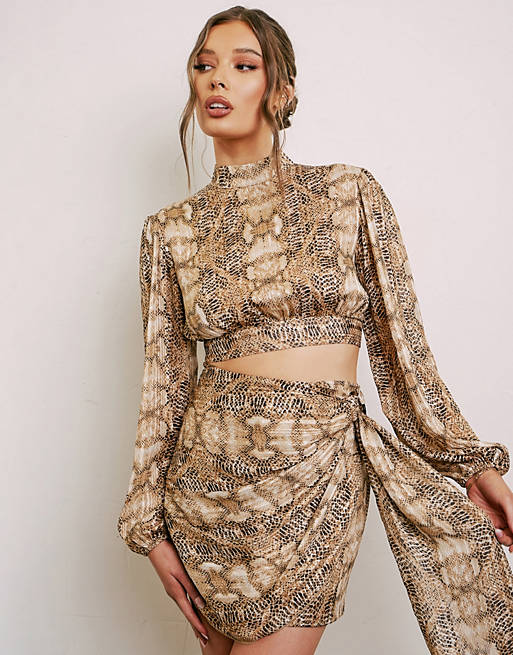 Tops Aria Cove volume sleeve high neck crop top co ord in snake print 