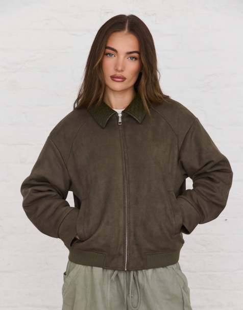 Aria Cove weaved collared faux suede zip through bomber jacket in khaki - view 1