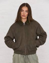 Aria Cove weaved collared faux suede zip through bomber jacket in khaki
