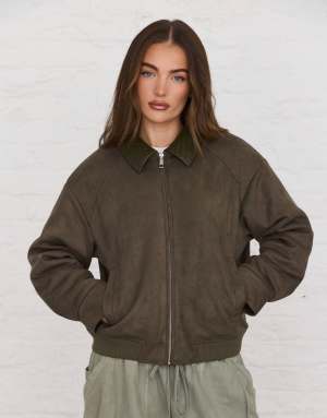 Aria Cove weaved collared faux suede zip through bomber jacket in khaki