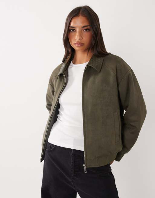 Aria Cove weaved collared faux suede zip through bomber jacket in khaki, 2 of 4