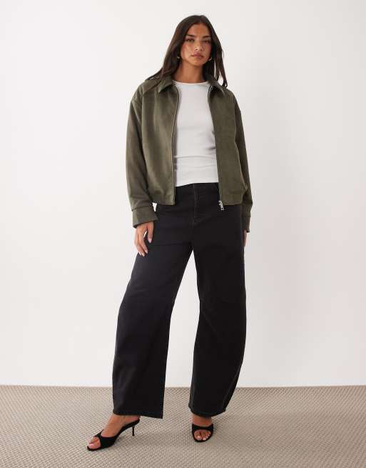 Aria Cove weaved collared faux suede zip through bomber jacket in khaki, 3 of 4