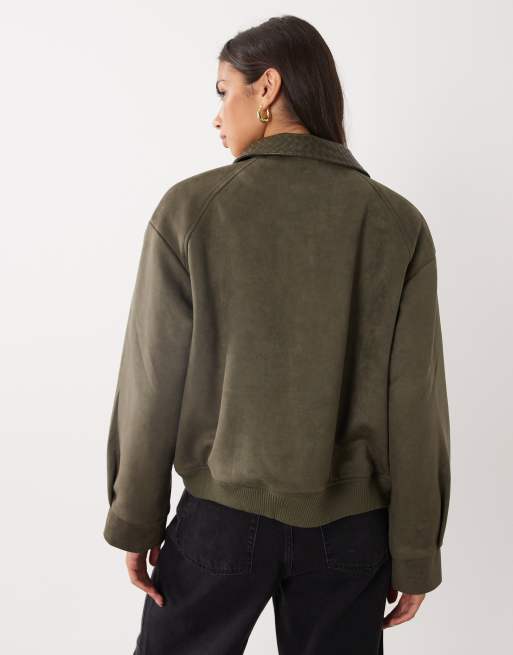 Aria Cove weaved collared faux suede zip through bomber jacket in khaki, 4 of 4