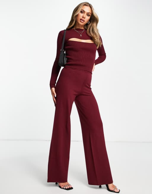 Aria Cove wide leg elasticated waist pants in wine red - part of a