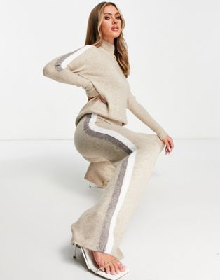 Aria Cove wide leg knitted trouser with stripe side detail co ord in oatmeal