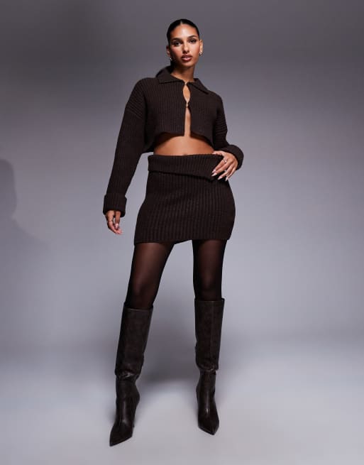 Aria Cove wide rib knit collared cardigan and fold over mini skirt set in chocolate