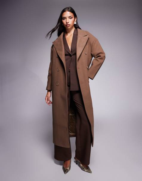 Aria Cove wool look formal double breasted longline maxi coat in brown - view 1
