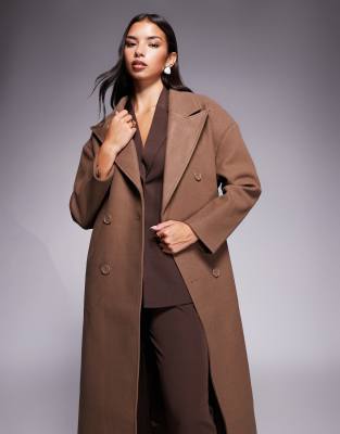 Aria Cove Wool Look Formal Double Breasted Longline Maxi Coat In Brown