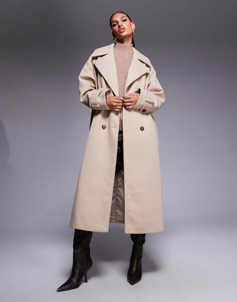 Aria Cove wool look heavyweight collared trench style maxi coat in beige - view 1