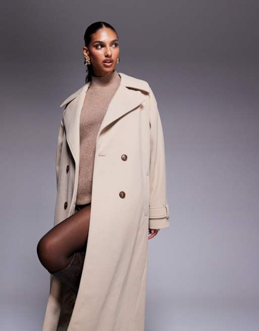 Aria Cove wool look heavyweight collared trench style maxi coat in beige, 2 of 4