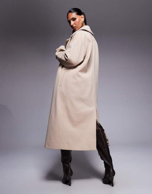 Aria Cove wool look heavyweight collared trench style maxi coat in beige, 3 of 4