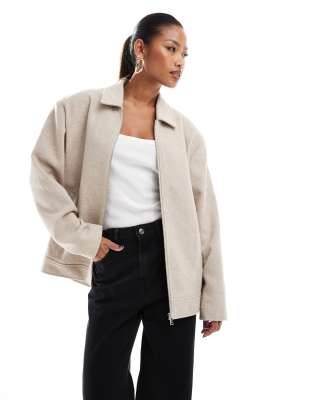 wool look zip through oversized jacket in light gray