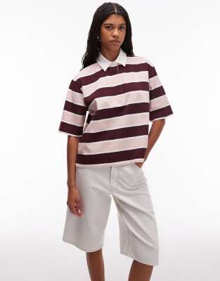 ARKET 3/4 sleeve rugby polo shirt in pink and burgundy stripes | ASOS