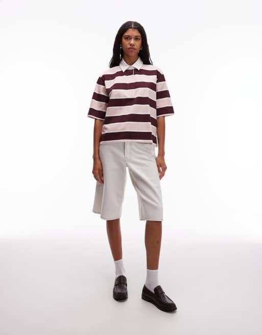 ARKET 3/4 sleeve rugby polo shirt in pink and burgundy stripes, 3 of 4