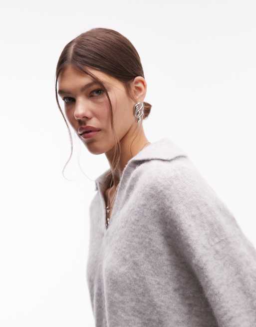 ARKET alpaca and wool blend knit sweater with polo collar in heather gray