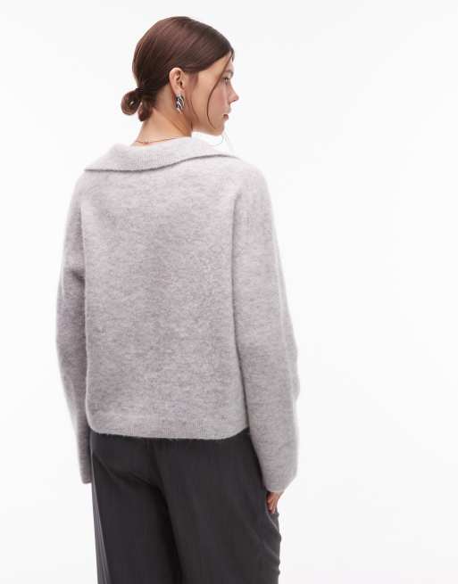 ARKET alpaca and wool blend knit sweater with polo collar in heather gray