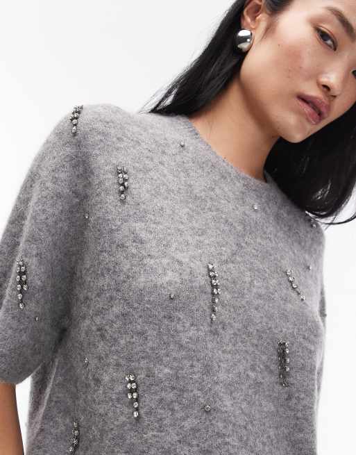 ARKET alpaca and wool blend knitted diamonte t-shirt in grey, 2 of 4