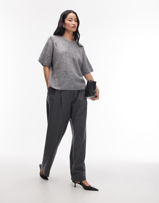 ARKET alpaca and wool blend knitted diamonte t-shirt in grey, 3 of 4