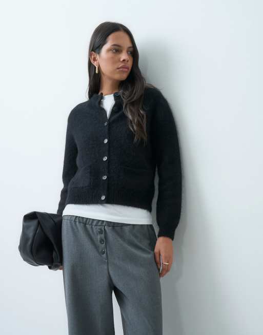 ARKET alpaca and wool blend round neck cardigan in black, 3 of 4