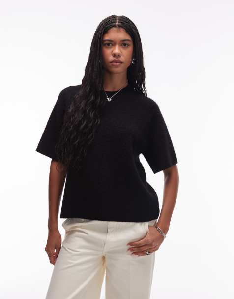 ARKET alpaca and wool blend short sleeve sweater in black - view 1
