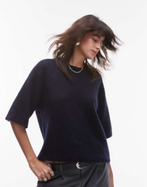 ARKET alpaca and wool blend short sleeve sweater in dark blue - view 1