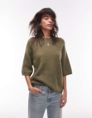 ARKET alpaca and wool blend short sleeve sweater in khaki-Green