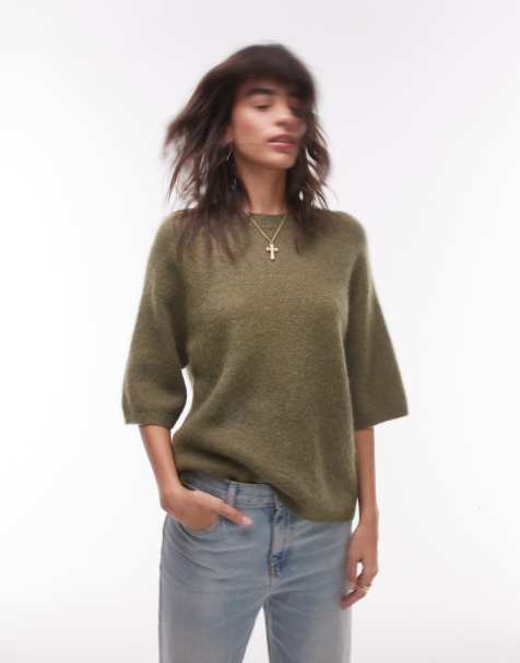 ARKET alpaca and wool blend shorts sleeve sweater in khaki - view 1