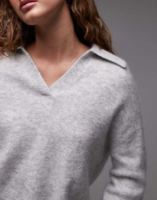 ARKET alpaca and wool knitted jumper with polo collar in grey melange, 2 of 4