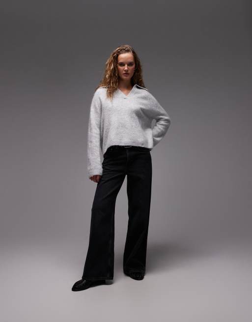 ARKET alpaca and wool knitted jumper with polo collar in grey melange, 3 of 4