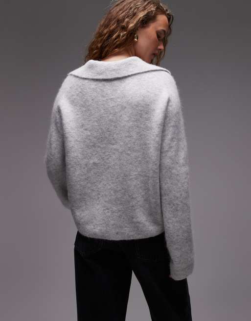 ARKET alpaca and wool knitted jumper with polo collar in grey melange, 4 of 4