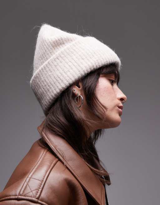 ARKET alpaca blend double fold beanie hat in beige melange ASOS