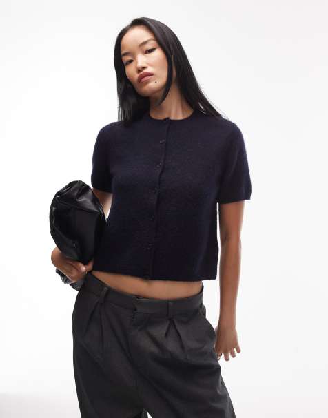 ARKET alpaca blend knit cardigan with short sleeves in navy - view 1