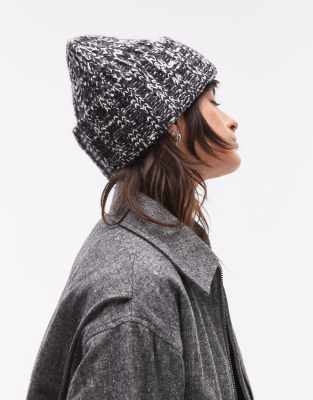 alpaca blend knitted beanie hat in mono salt and pepper-Black