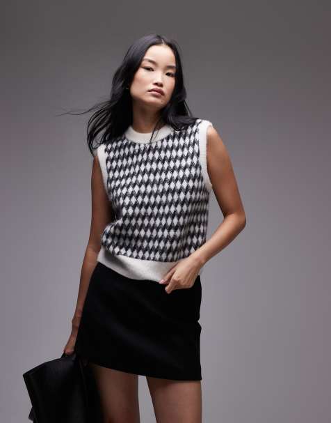 ARKET alpaca blend knitted tank vest in black and white diamond check jacquard - view 1