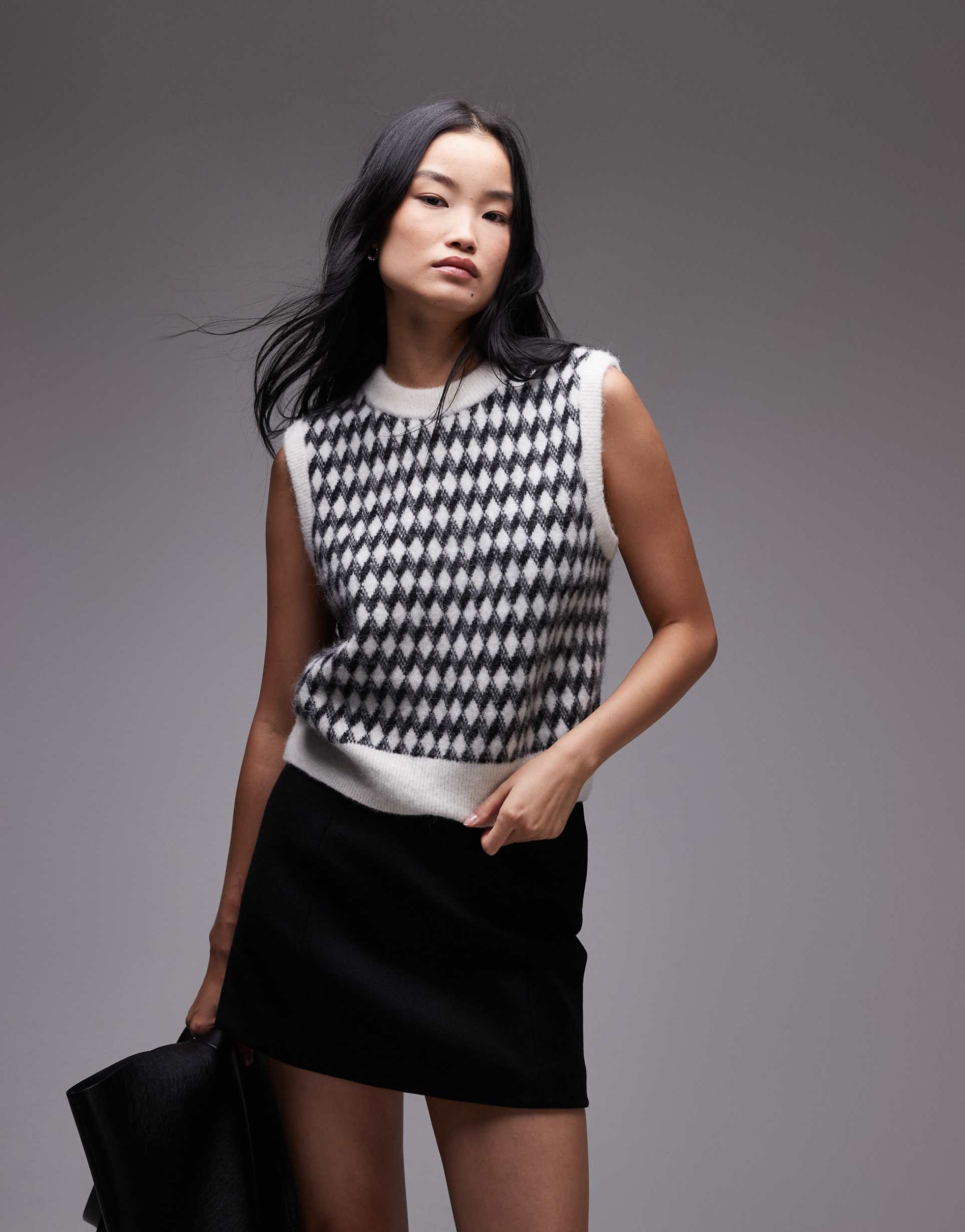 arket alpaca blend knitted tank vest in black and white diamond check jacquard