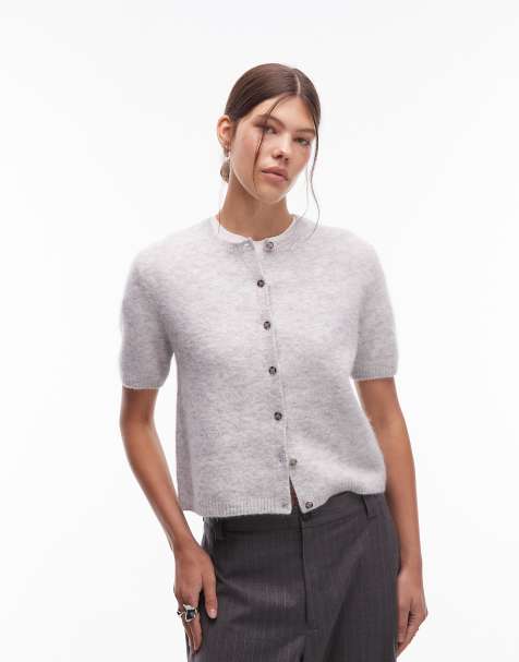 ARKET alpaca knitted cardigan with short sleeves in light grey - view 1