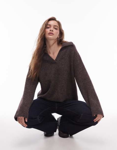 ARKET alpaca wool blend knit sweater with polo collar in heathered brown - view 1