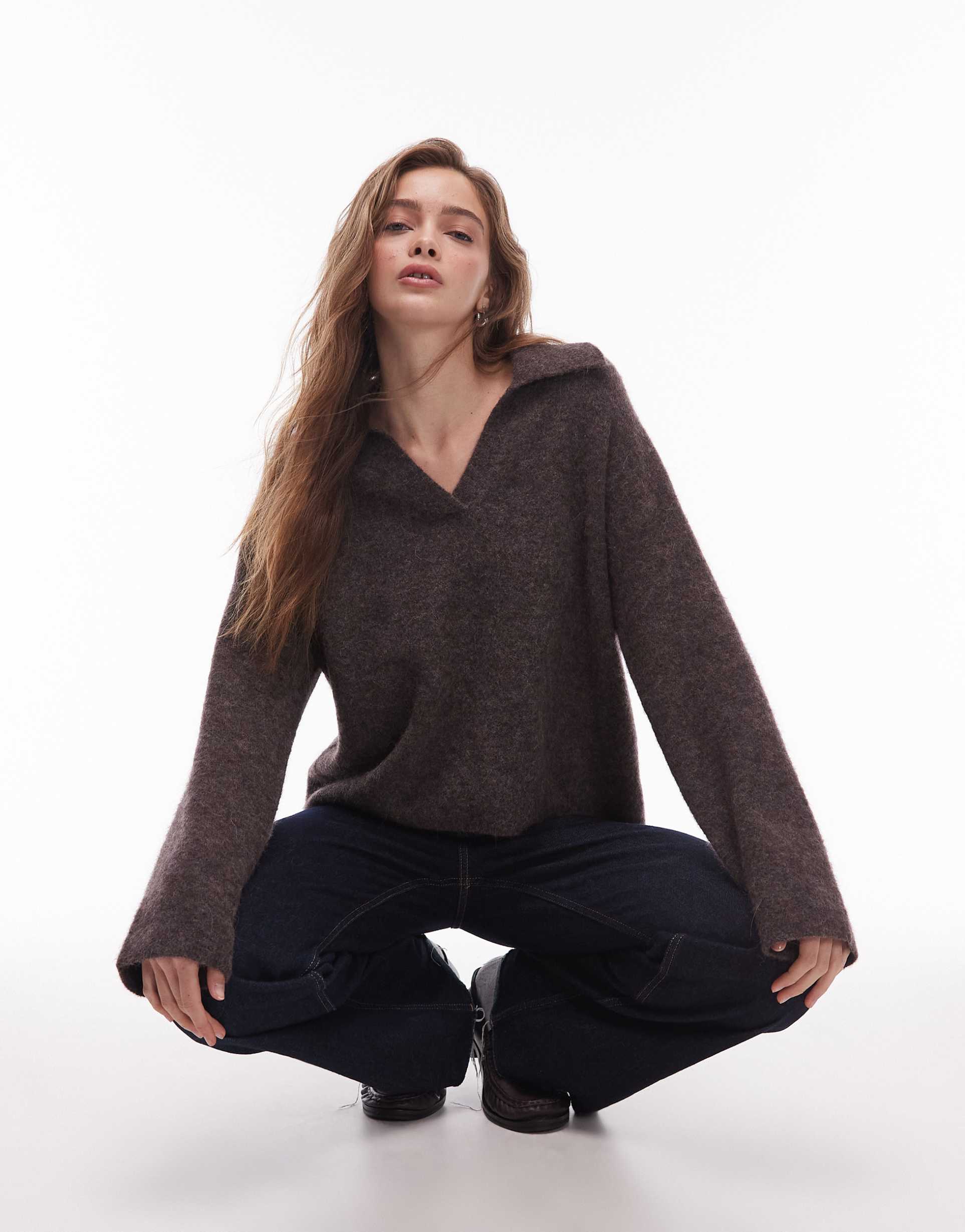 arket alpaca wool blend knit sweater with polo collar in heathered brown