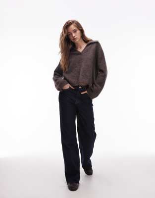 Arket Alpaca Wool Blend Knit Sweater With Polo Collar In Brown