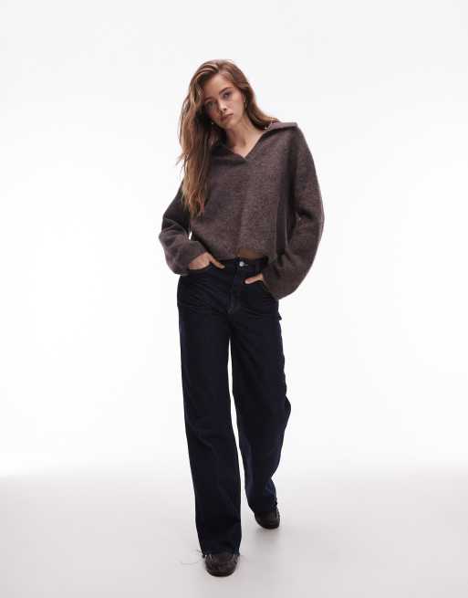ARKET alpaca wool blend knit sweater with polo collar in heathered brown
