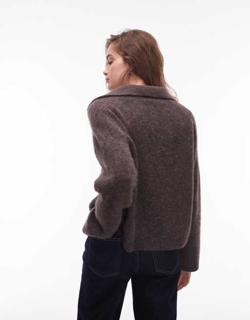 ARKET alpaca wool blend knit sweater with polo collar in heathered brown