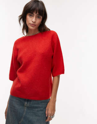 alpaca wool blend knit top with v-back in red