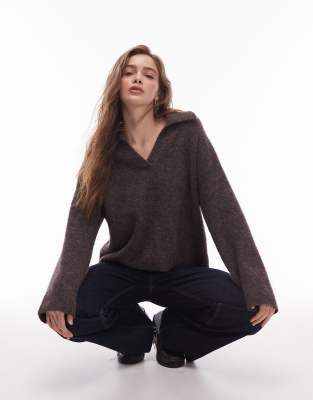 Arket ARKET alpaca wool blend knitted jumper with polo collar in brown melange