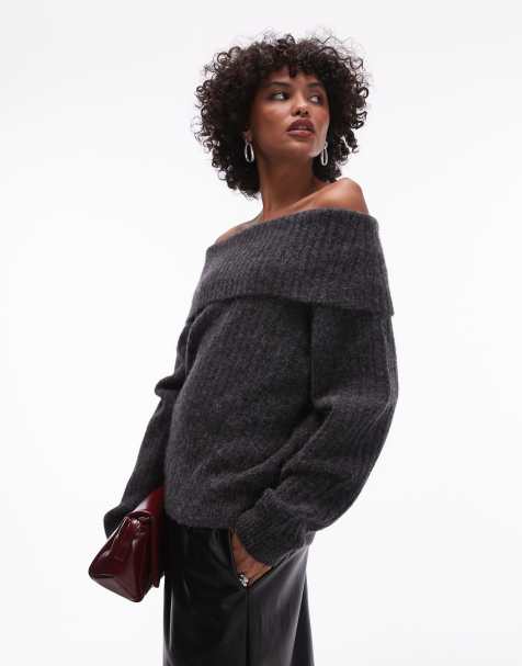 ARKET alpaca wool blend sweater with  fold over off shoulder in dark grey - view 1
